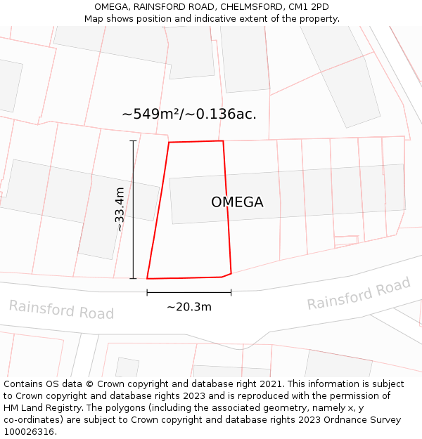 OMEGA, RAINSFORD ROAD, CHELMSFORD, CM1 2PD: Plot and title map