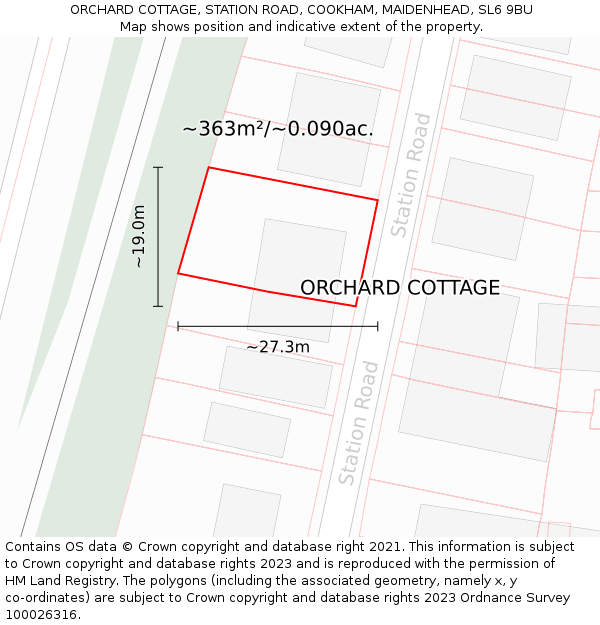 ORCHARD COTTAGE, STATION ROAD, COOKHAM, MAIDENHEAD, SL6 9BU: Plot and title map