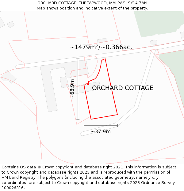 ORCHARD COTTAGE, THREAPWOOD, MALPAS, SY14 7AN: Plot and title map