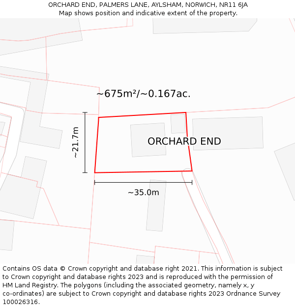 ORCHARD END, PALMERS LANE, AYLSHAM, NORWICH, NR11 6JA: Plot and title map