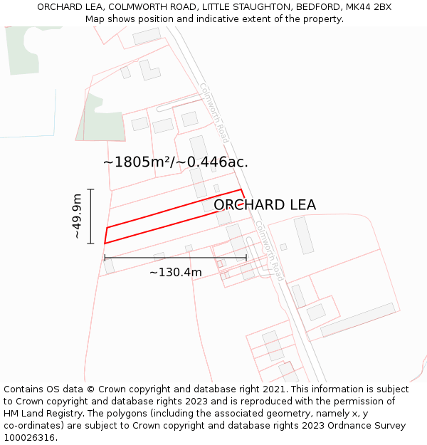ORCHARD LEA, COLMWORTH ROAD, LITTLE STAUGHTON, BEDFORD, MK44 2BX: Plot and title map