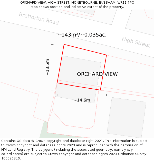 ORCHARD VIEW, HIGH STREET, HONEYBOURNE, EVESHAM, WR11 7PQ: Plot and title map