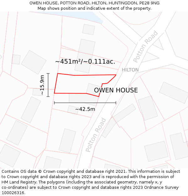 OWEN HOUSE, POTTON ROAD, HILTON, HUNTINGDON, PE28 9NG: Plot and title map
