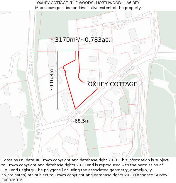 OXHEY COTTAGE, THE WOODS, NORTHWOOD, HA6 3EY: Plot and title map