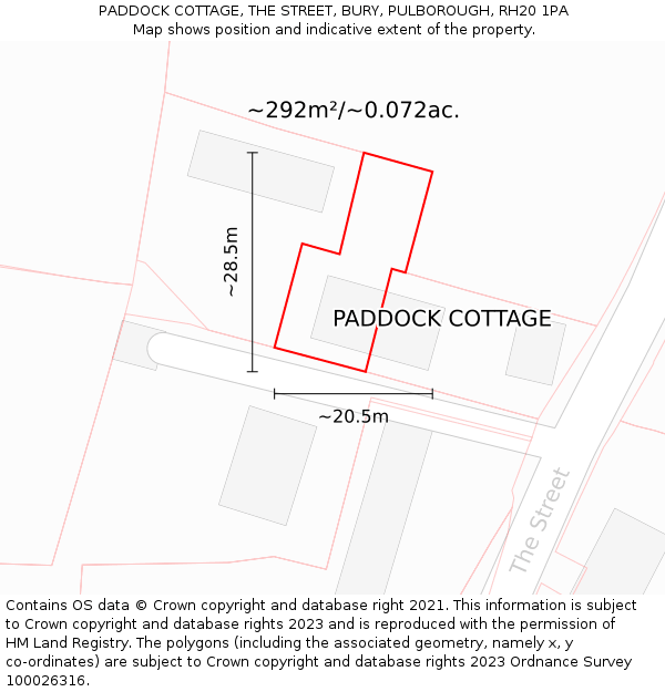 PADDOCK COTTAGE, THE STREET, BURY, PULBOROUGH, RH20 1PA: Plot and title map