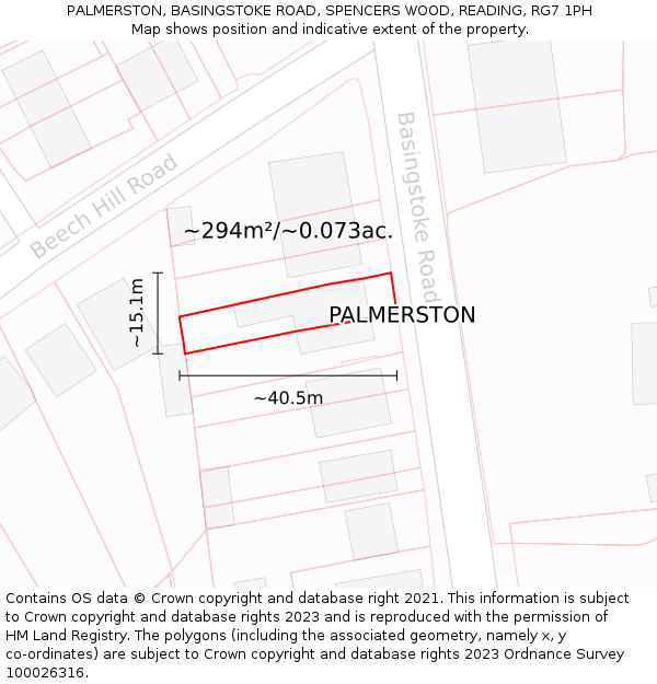 PALMERSTON, BASINGSTOKE ROAD, SPENCERS WOOD, READING, RG7 1PH: Plot and title map