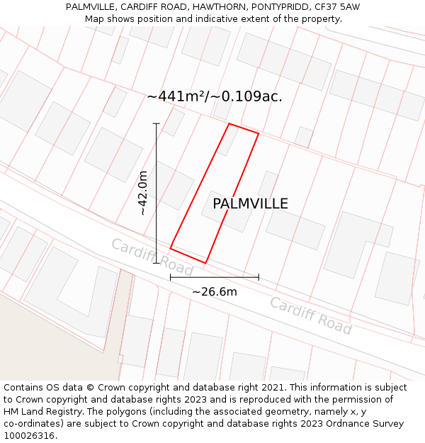 PALMVILLE, CARDIFF ROAD, HAWTHORN, PONTYPRIDD, CF37 5AW: Plot and title map