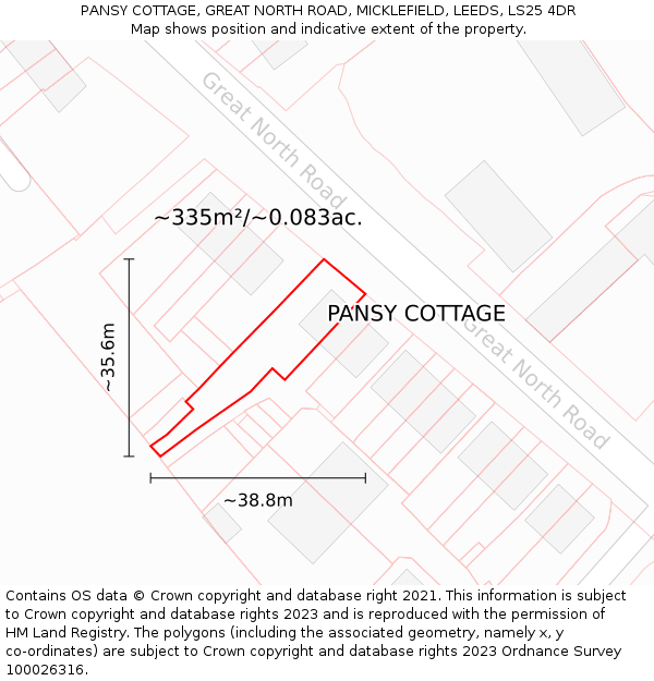 PANSY COTTAGE, GREAT NORTH ROAD, MICKLEFIELD, LEEDS, LS25 4DR: Plot and title map