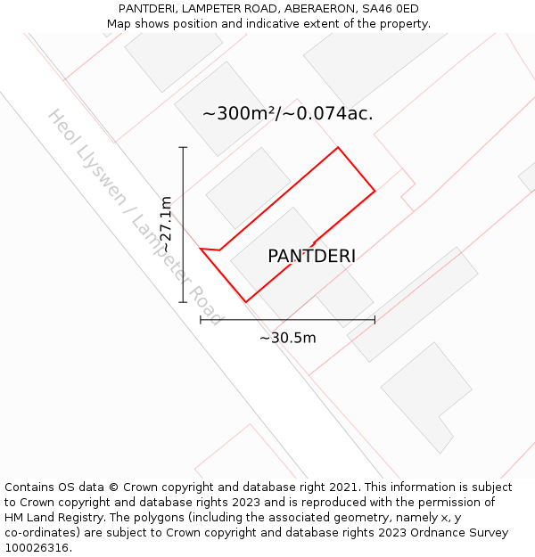 PANTDERI, LAMPETER ROAD, ABERAERON, SA46 0ED: Plot and title map