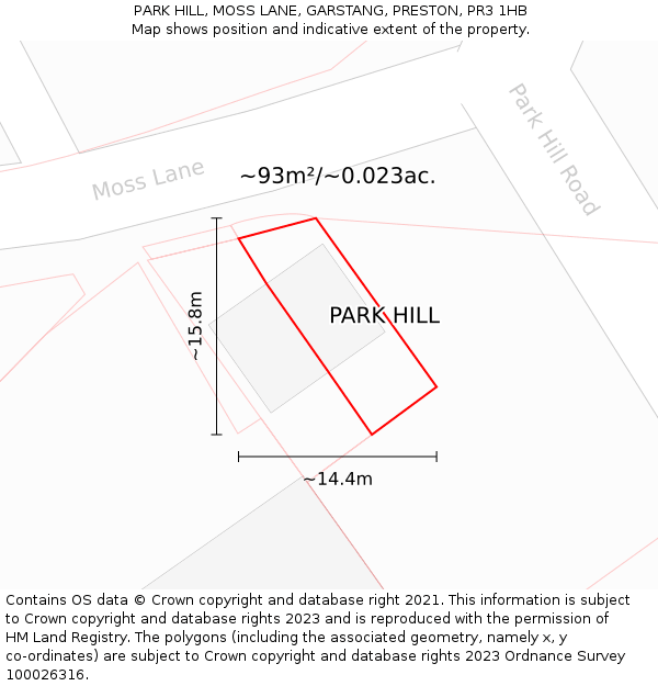 PARK HILL, MOSS LANE, GARSTANG, PRESTON, PR3 1HB: Plot and title map