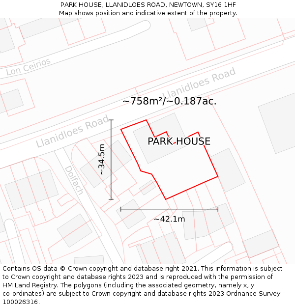 PARK HOUSE, LLANIDLOES ROAD, NEWTOWN, SY16 1HF: Plot and title map