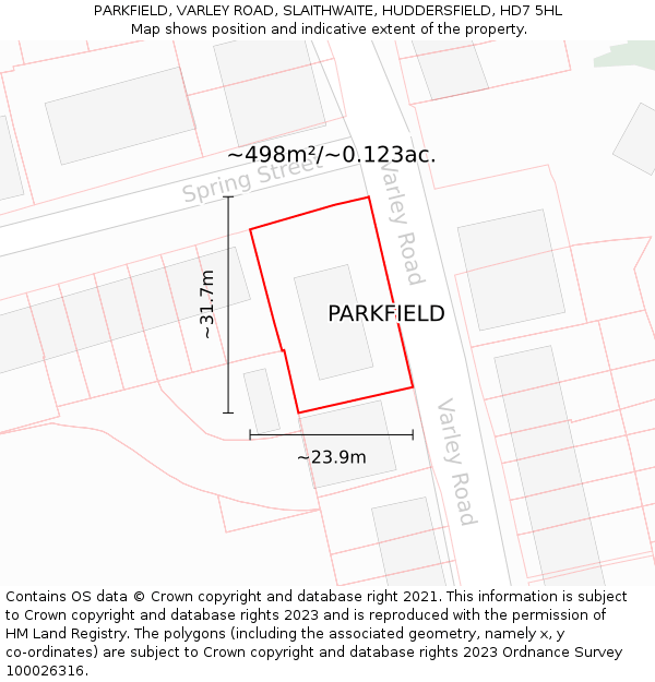 PARKFIELD, VARLEY ROAD, SLAITHWAITE, HUDDERSFIELD, HD7 5HL: Plot and title map