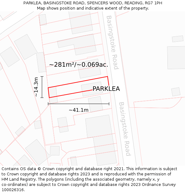 PARKLEA, BASINGSTOKE ROAD, SPENCERS WOOD, READING, RG7 1PH: Plot and title map