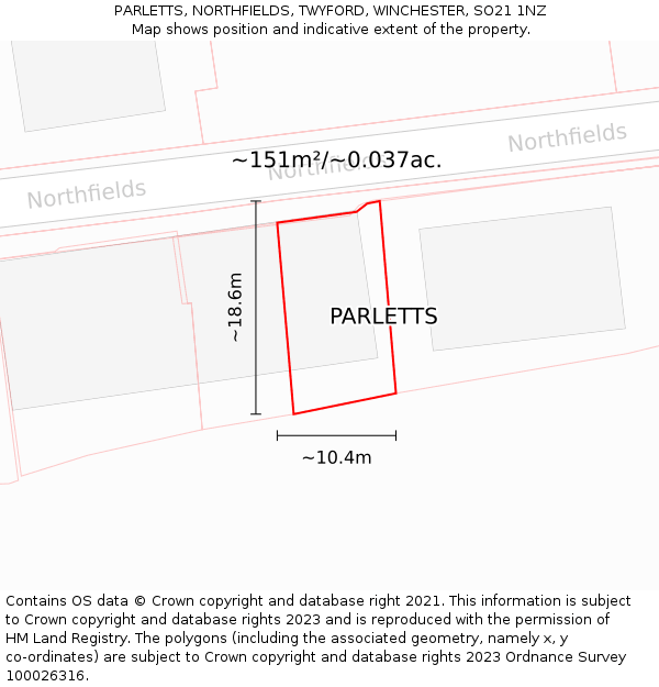 PARLETTS, NORTHFIELDS, TWYFORD, WINCHESTER, SO21 1NZ: Plot and title map