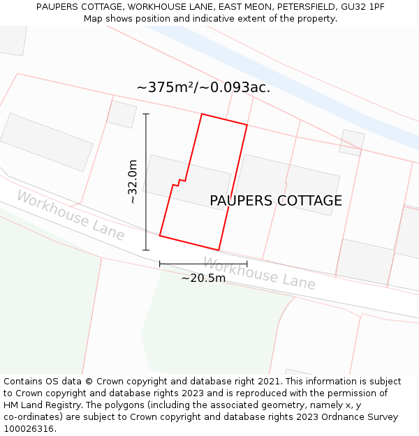 PAUPERS COTTAGE, WORKHOUSE LANE, EAST MEON, PETERSFIELD, GU32 1PF: Plot and title map