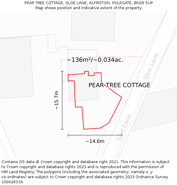 PEAR TREE COTTAGE, SLOE LANE, ALFRISTON, POLEGATE, BN26 5UP: Plot and title map