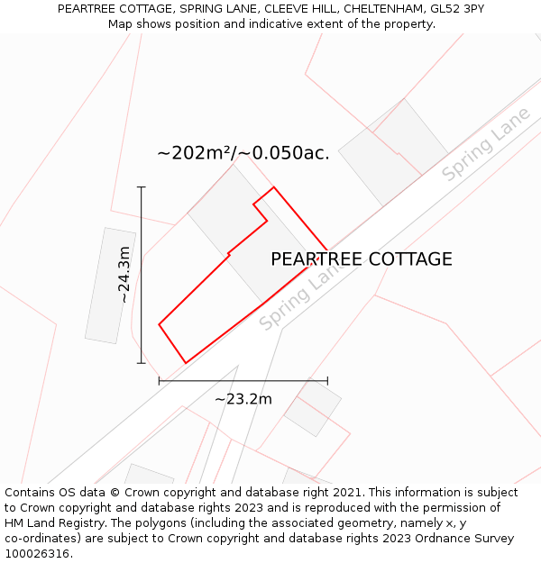 PEARTREE COTTAGE, SPRING LANE, CLEEVE HILL, CHELTENHAM, GL52 3PY: Plot and title map