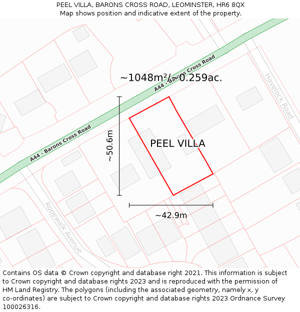 PEEL VILLA, BARONS CROSS ROAD, LEOMINSTER, HR6 8QX: Plot and title map