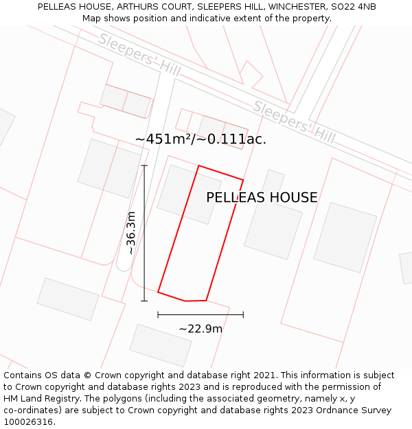 PELLEAS HOUSE, ARTHURS COURT, SLEEPERS HILL, WINCHESTER, SO22 4NB: Plot and title map