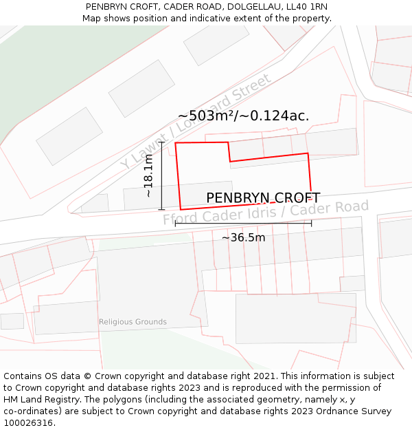 PENBRYN CROFT, CADER ROAD, DOLGELLAU, LL40 1RN: Plot and title map