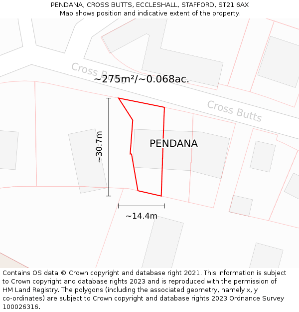 PENDANA, CROSS BUTTS, ECCLESHALL, STAFFORD, ST21 6AX: Plot and title map