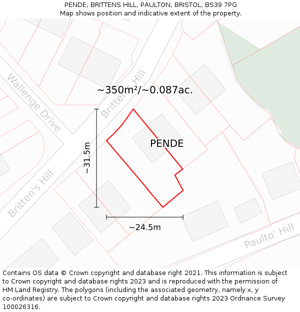PENDE, BRITTENS HILL, PAULTON, BRISTOL, BS39 7PG: Plot and title map