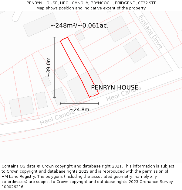 PENRYN HOUSE, HEOL CANOLA, BRYNCOCH, BRIDGEND, CF32 9TT: Plot and title map