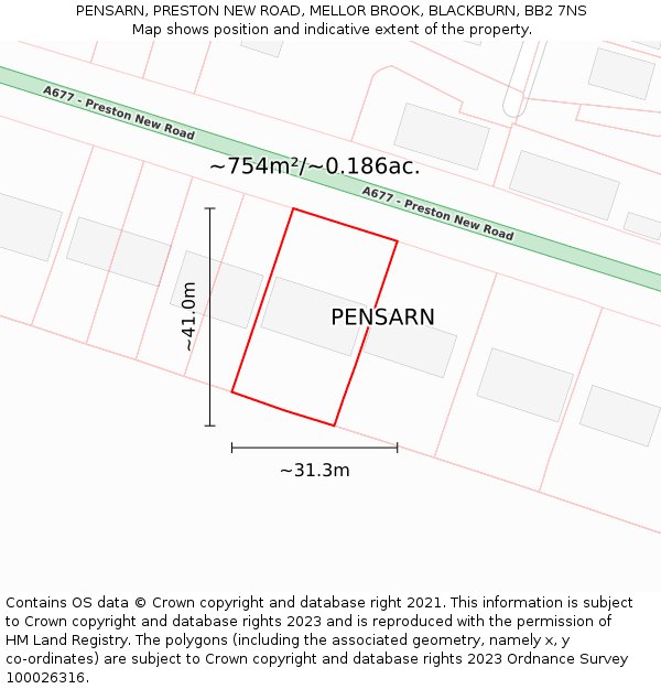 PENSARN, PRESTON NEW ROAD, MELLOR BROOK, BLACKBURN, BB2 7NS: Plot and title map