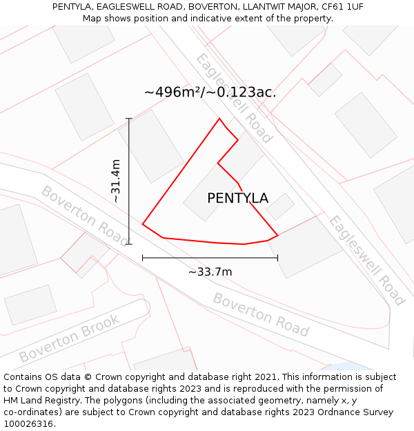 PENTYLA, EAGLESWELL ROAD, BOVERTON, LLANTWIT MAJOR, CF61 1UF: Plot and title map