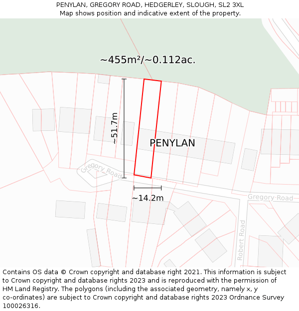 PENYLAN, GREGORY ROAD, HEDGERLEY, SLOUGH, SL2 3XL: Plot and title map