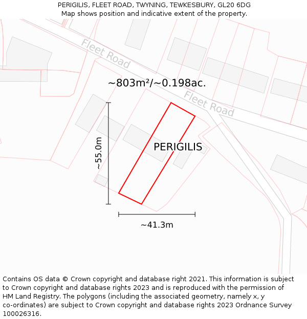 PERIGILIS, FLEET ROAD, TWYNING, TEWKESBURY, GL20 6DG: Plot and title map