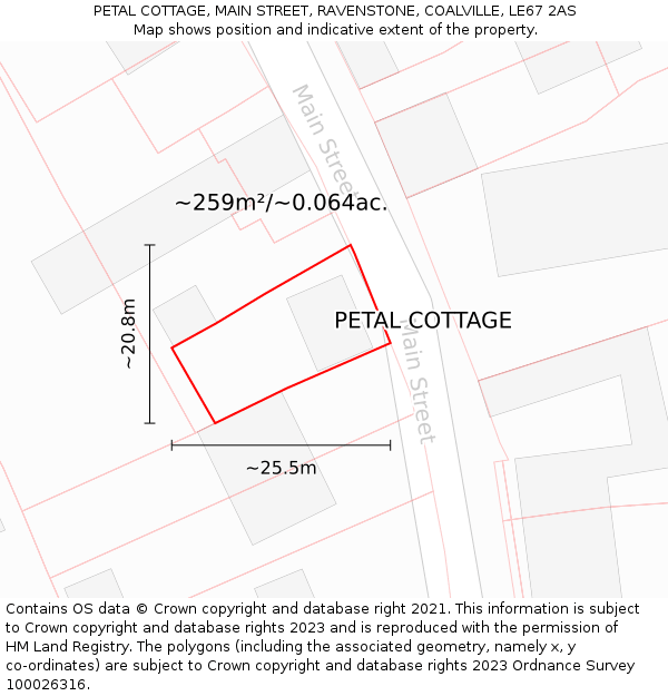 PETAL COTTAGE, MAIN STREET, RAVENSTONE, COALVILLE, LE67 2AS: Plot and title map