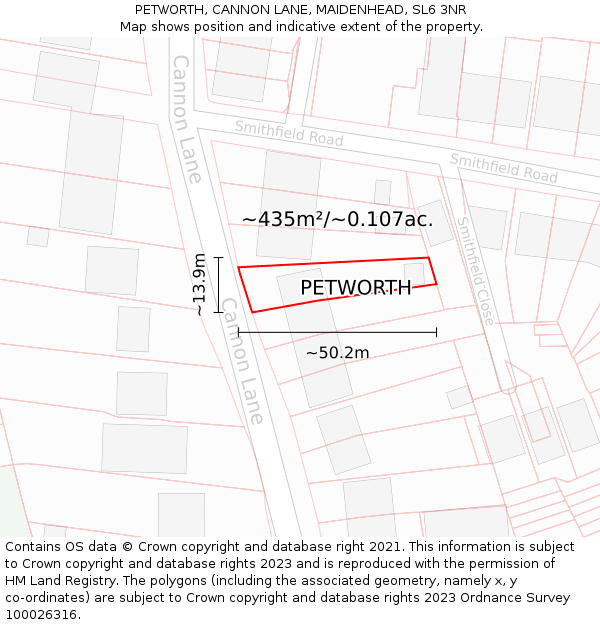 PETWORTH, CANNON LANE, MAIDENHEAD, SL6 3NR: Plot and title map