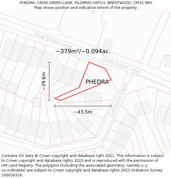 PHEDRA, CROW GREEN LANE, PILGRIMS HATCH, BRENTWOOD, CM15 9RH: Plot and title map