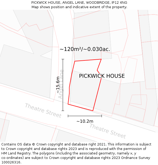 PICKWICK HOUSE, ANGEL LANE, WOODBRIDGE, IP12 4NG: Plot and title map