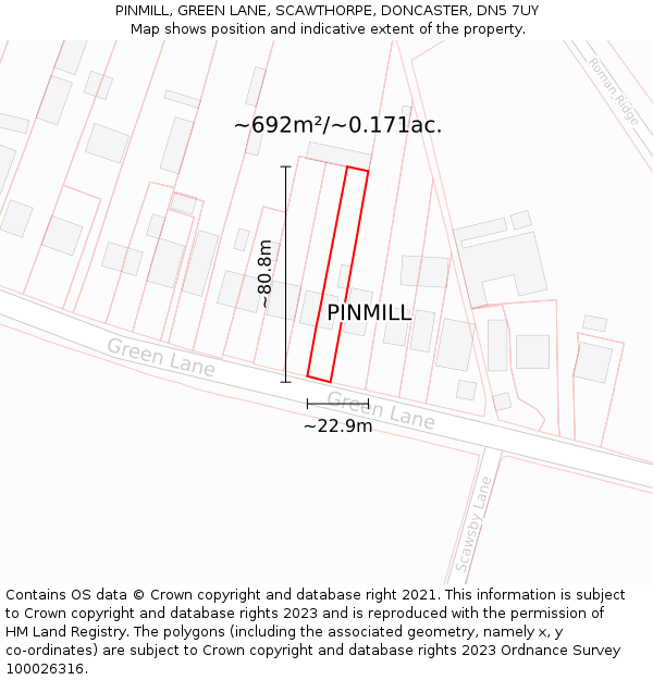 PINMILL, GREEN LANE, SCAWTHORPE, DONCASTER, DN5 7UY: Plot and title map