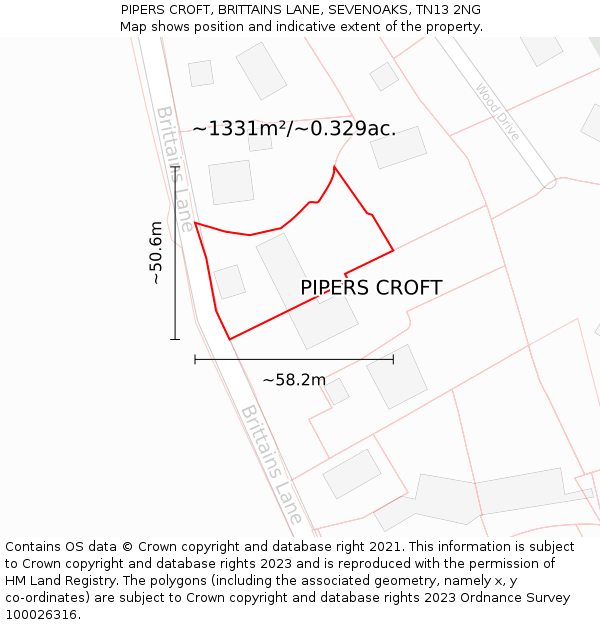 PIPERS CROFT, BRITTAINS LANE, SEVENOAKS, TN13 2NG: Plot and title map