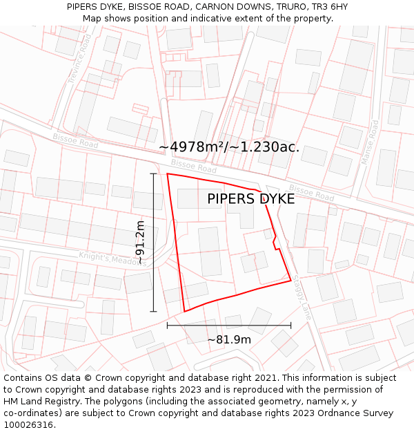 PIPERS DYKE, BISSOE ROAD, CARNON DOWNS, TRURO, TR3 6HY: Plot and title map
