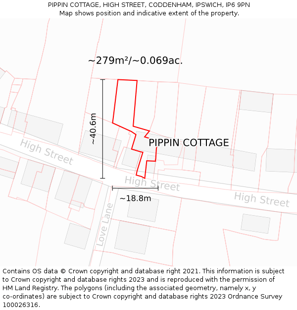 PIPPIN COTTAGE, HIGH STREET, CODDENHAM, IPSWICH, IP6 9PN: Plot and title map