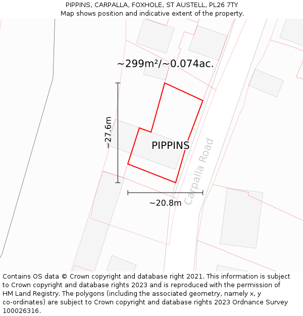 PIPPINS, CARPALLA, FOXHOLE, ST AUSTELL, PL26 7TY: Plot and title map
