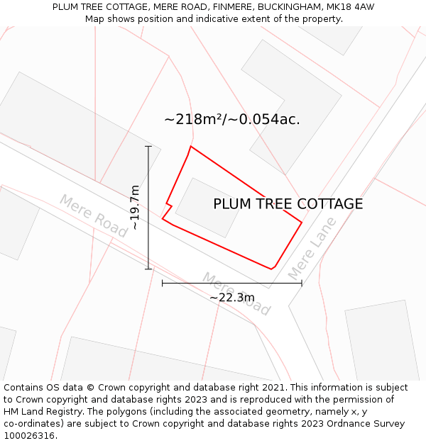 PLUM TREE COTTAGE, MERE ROAD, FINMERE, BUCKINGHAM, MK18 4AW: Plot and title map