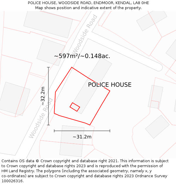 POLICE HOUSE, WOODSIDE ROAD, ENDMOOR, KENDAL, LA8 0HE: Plot and title map
