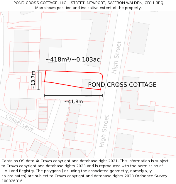 POND CROSS COTTAGE, HIGH STREET, NEWPORT, SAFFRON WALDEN, CB11 3PQ: Plot and title map