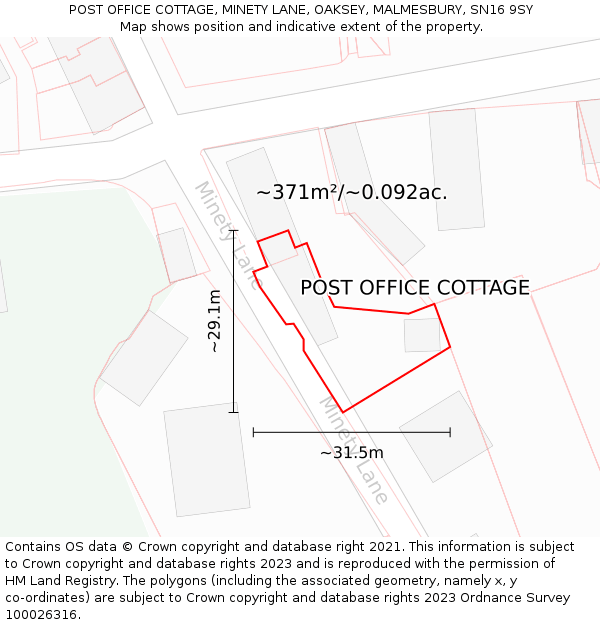 POST OFFICE COTTAGE, MINETY LANE, OAKSEY, MALMESBURY, SN16 9SY: Plot and title map