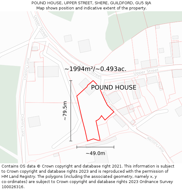 POUND HOUSE, UPPER STREET, SHERE, GUILDFORD, GU5 9JA: Plot and title map