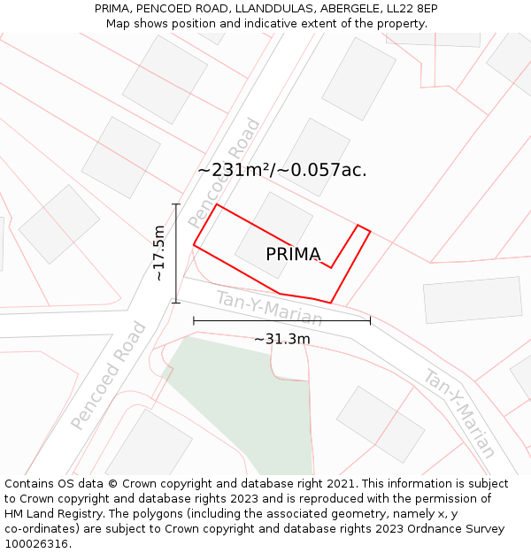 PRIMA, PENCOED ROAD, LLANDDULAS, ABERGELE, LL22 8EP: Plot and title map