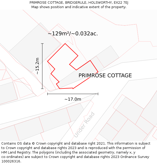 PRIMROSE COTTAGE, BRIDGERULE, HOLSWORTHY, EX22 7EJ: Plot and title map