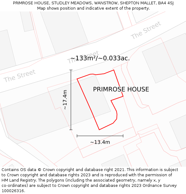 PRIMROSE HOUSE, STUDLEY MEADOWS, WANSTROW, SHEPTON MALLET, BA4 4SJ: Plot and title map