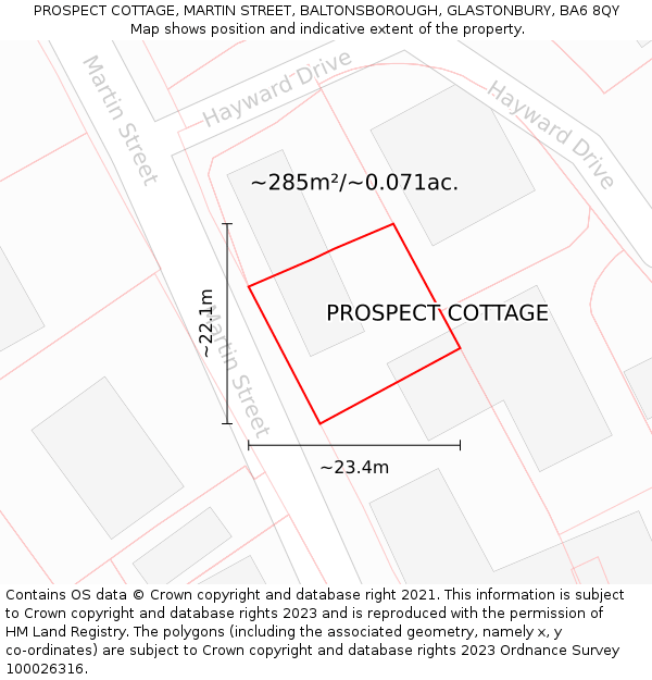 PROSPECT COTTAGE, MARTIN STREET, BALTONSBOROUGH, GLASTONBURY, BA6 8QY: Plot and title map