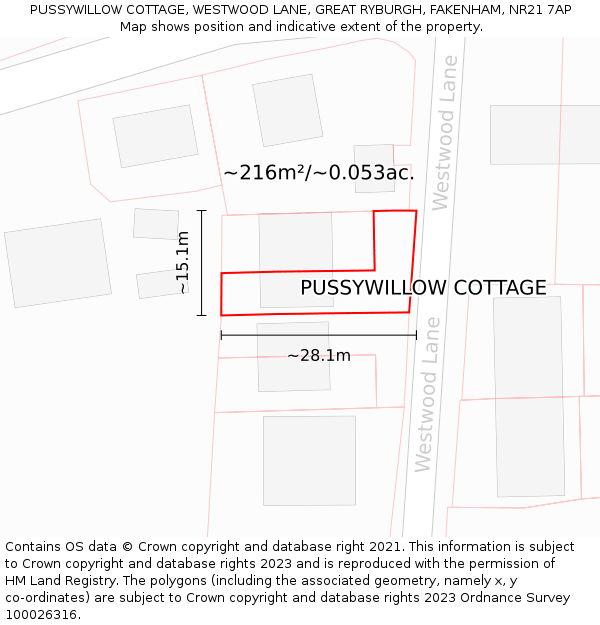 PUSSYWILLOW COTTAGE, WESTWOOD LANE, GREAT RYBURGH, FAKENHAM, NR21 7AP: Plot and title map